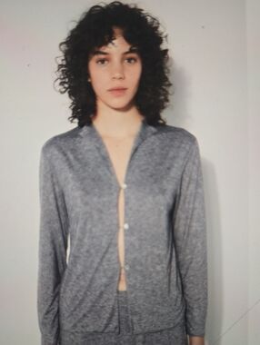 Women’s Grey Long-Sleeve Button-Front Pajama Top